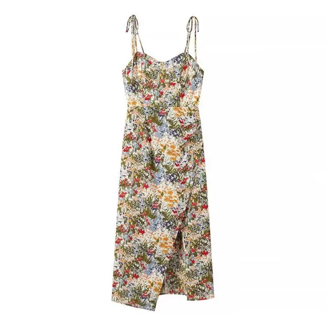 Women's Vacation Style Printed Tie front Slit Dress - Shop at LoveMi