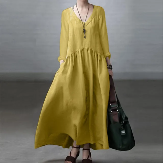 Fashion Long Sleeve V neck Women's Casual Solid Color Loose Long Dress Yellow - Shop at LoveMi