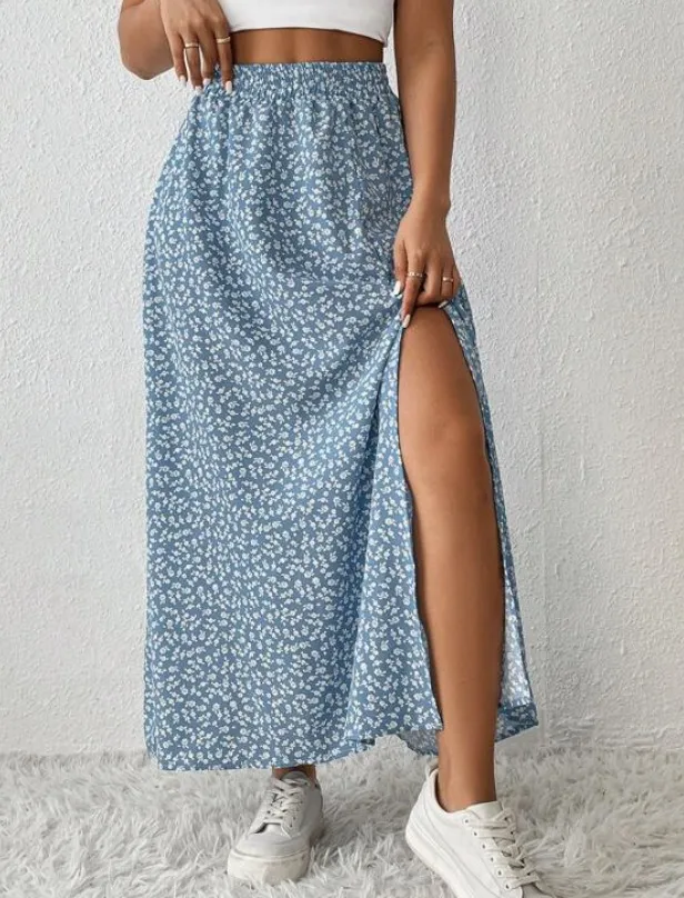 Women's Floral Split High Waist Printed Skirt Peacock Blue - Shop at LoveMi