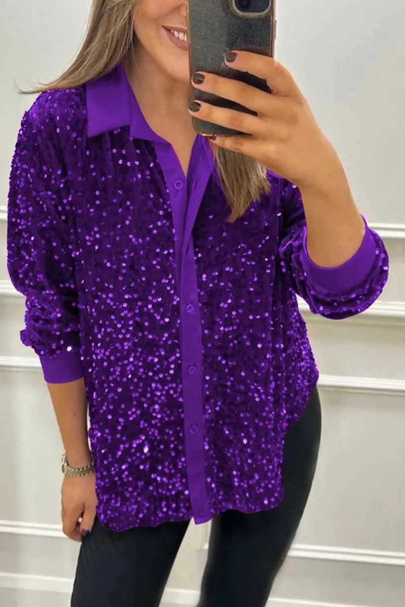 Women's Solid Colour Lapel Long Sleeve Button Sequined Shirt - Purple