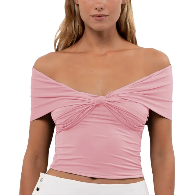 Solid Color Sleeve Off shoulder Pleated Tight Cropped Top Pink - Shop at LoveMi
