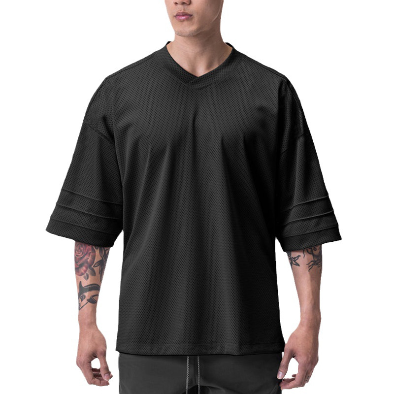 Quick-drying Solid Color Drop Shoulder Mesh V-neck Short Sleeve