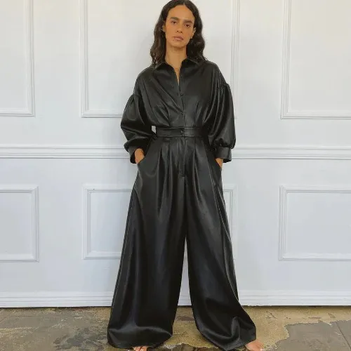 Black Pu Retro Loose Leather Button Pocket Jumpsuit Black - Shop at LoveMi