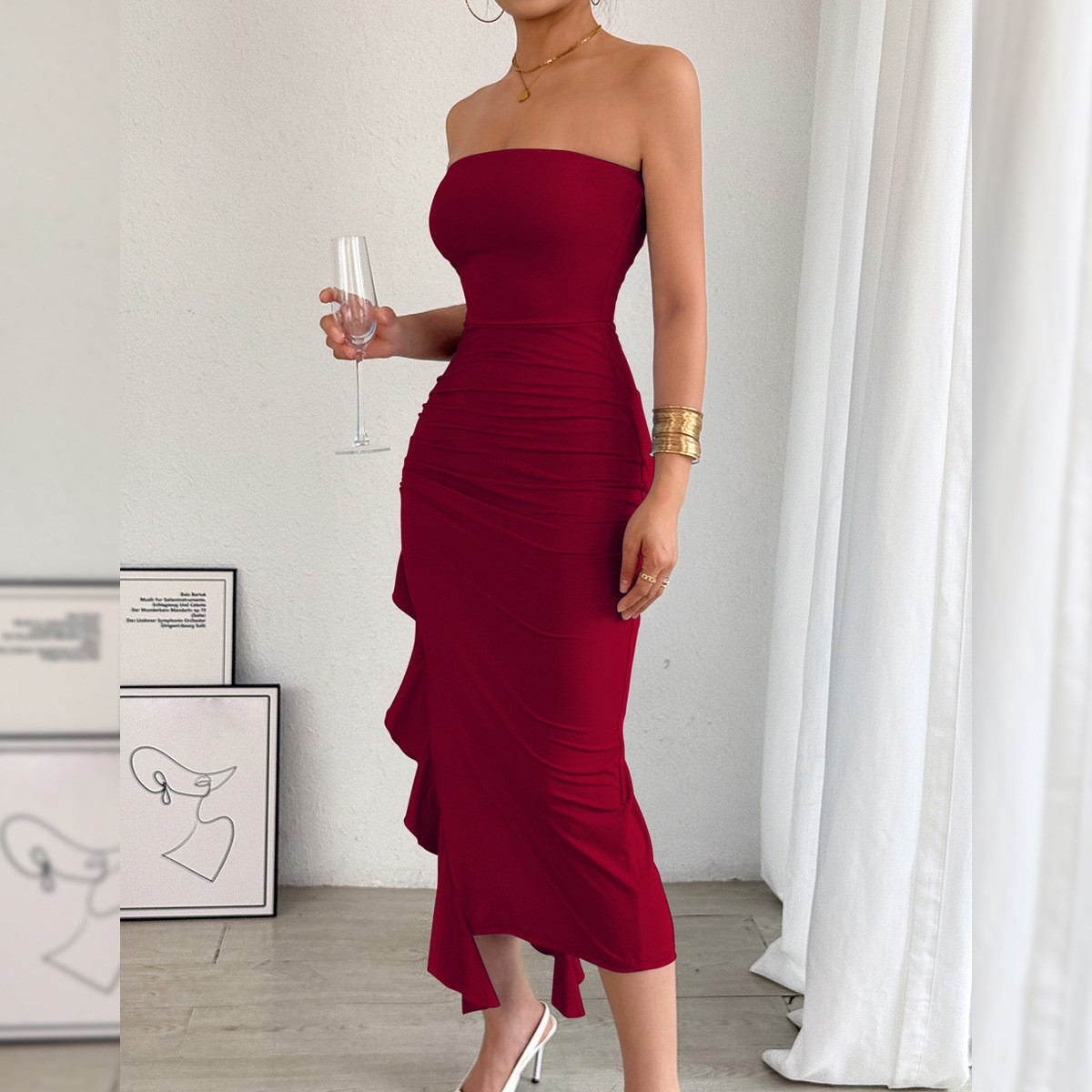 Women's Slim Fit Slit Wrap Bust Bodycon Hot Sexy Dress Wine - Shop at LoveMi