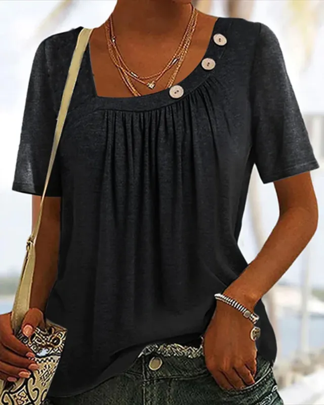 European And American Fashion Solid Color Buttons Round Neck Short Sleeve Black - Shop at LoveMi