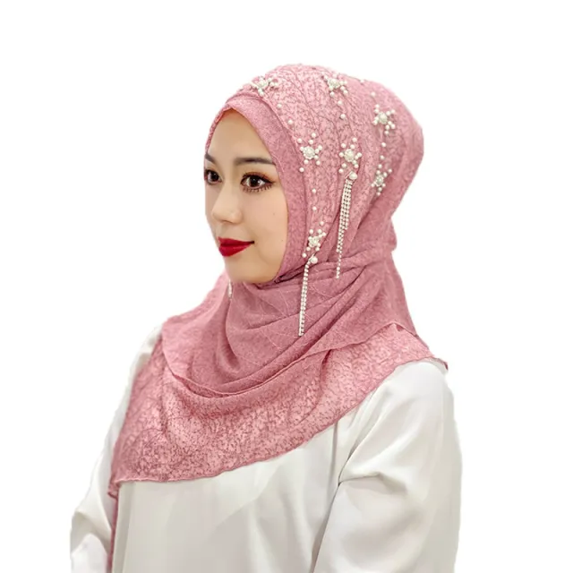 Malay Ladies Tassel Solid Color Headscarf Gold Silk Beaded 1 Pink - Shop at LoveMi