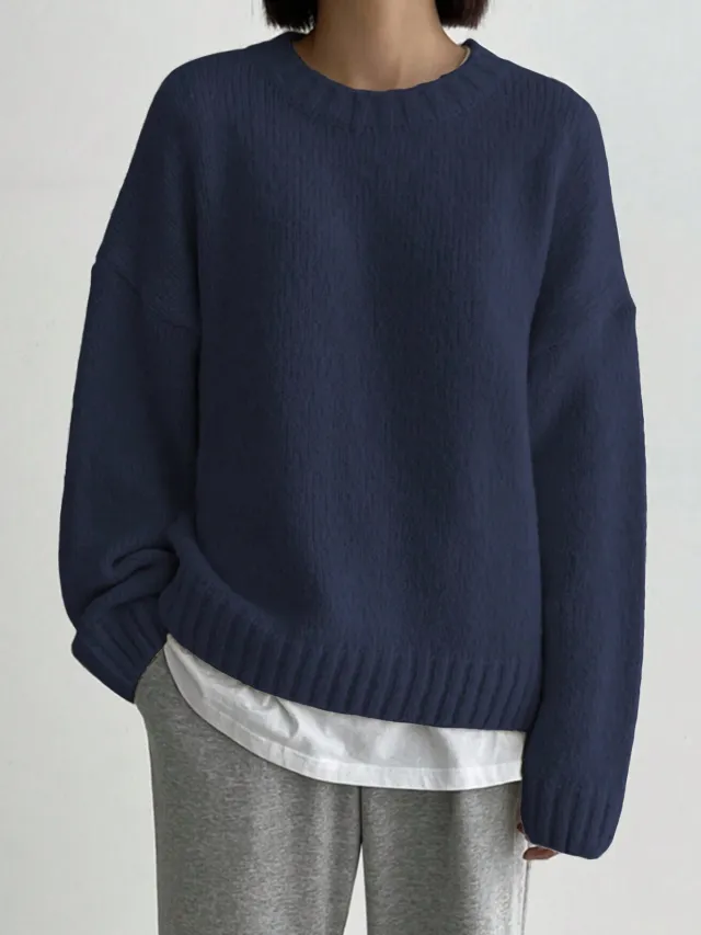 Versatile Round Neck Thickened Solid Color Sweater Pullover Long Sleeve Dark Blue - Shop at LoveMi