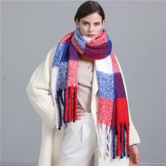 Extended Plaid Scarf Cashmere Thickened Warm Shawl Scarf Tassel Female Winter Blue And White - Shop at LoveMi