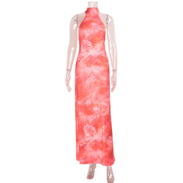 Fashionable Backless Sleeveless Halter Neck Women's Dress Evening Gown Printing - Shop at LoveMi
