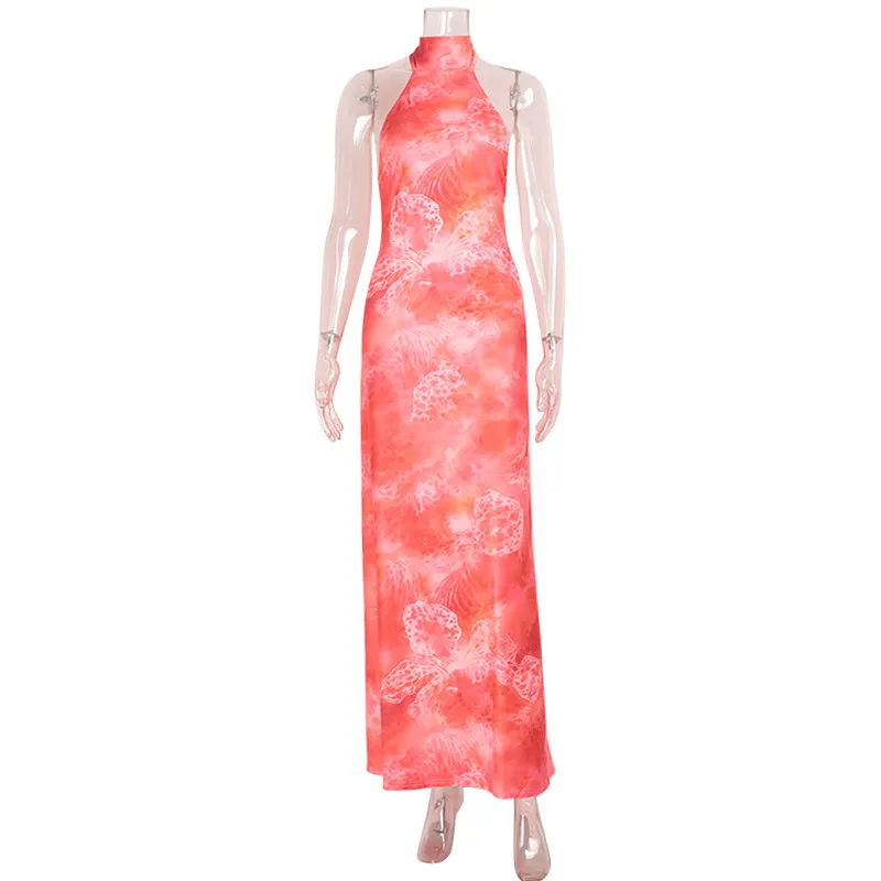 Fashionable Backless Sleeveless Halter Neck Women's Dress Evening Gown - Printing-S