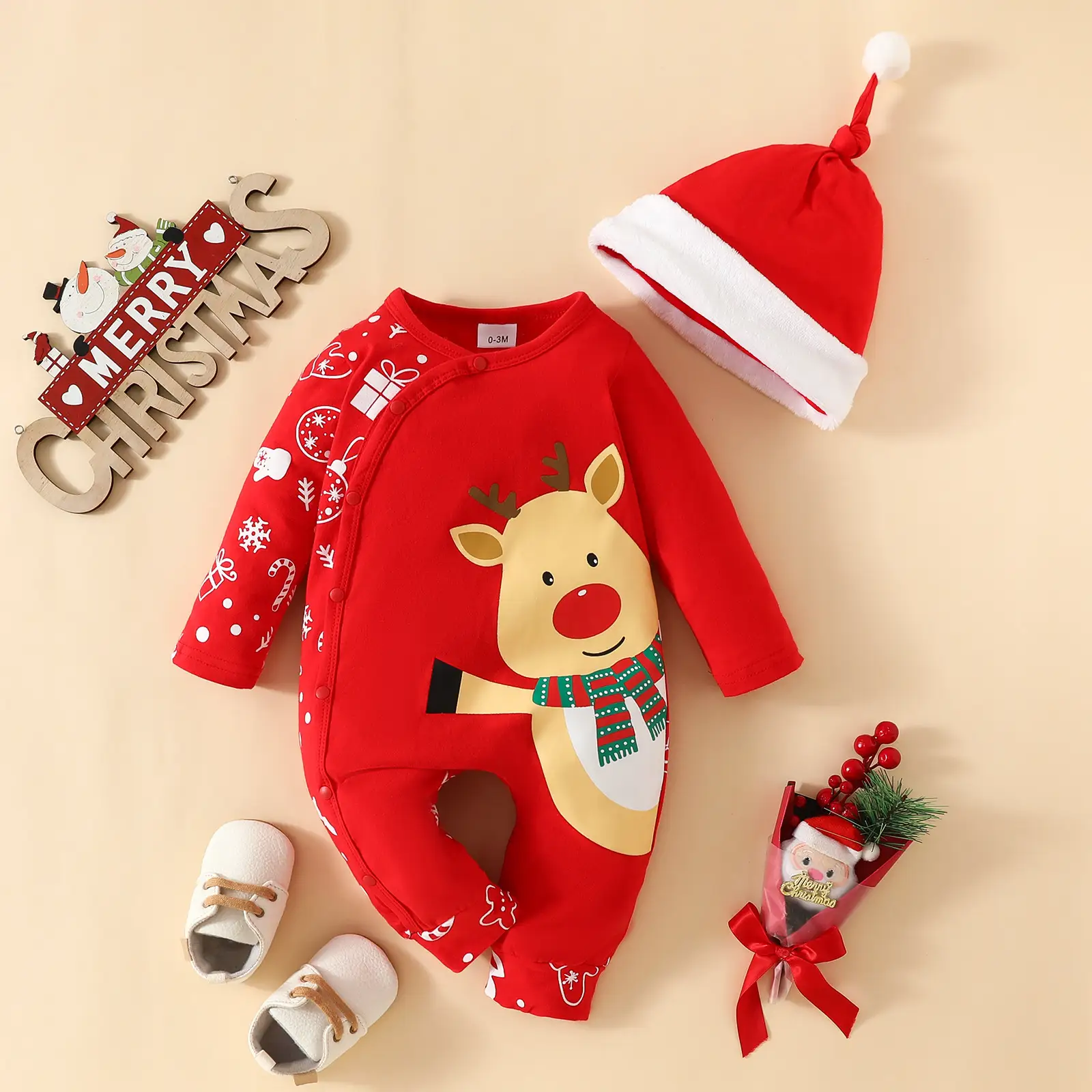 0-1 Year Old Girl Cotton Cute Deer Snowflake Jumpsuit Hat