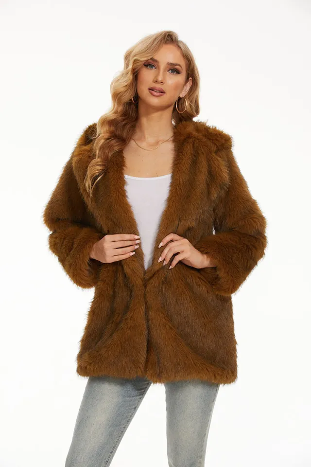 Mid length Womens Faux Fur Coat Warm Long sleeve Coat For Women Caramel Color M - Shop at LoveMi