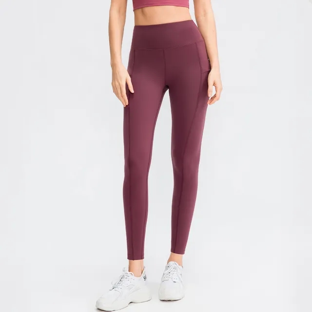 Double sided Sanding Nude Feel Yoga Pants Pocket High Waist Hip Lift Fitness Elastic Pants Red Brown - Shop at LoveMi