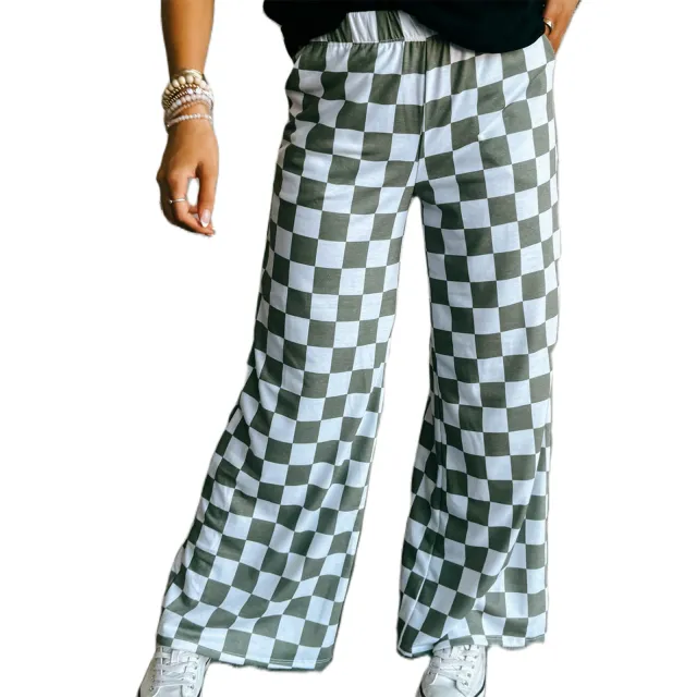 Chessboard Plaid Printed Women's High Waist Wide leg Casual Pants Gray - Shop at LoveMi