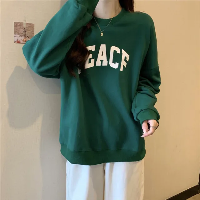 Hoodless Sweater Student Loose Long sleeved Couple's Top Green - Shop at LoveMi