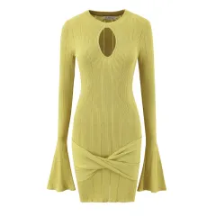 Female Solid Color Hollow Out Hip Bag Trumpet Sleeve Knitted Dress - Green - View 1