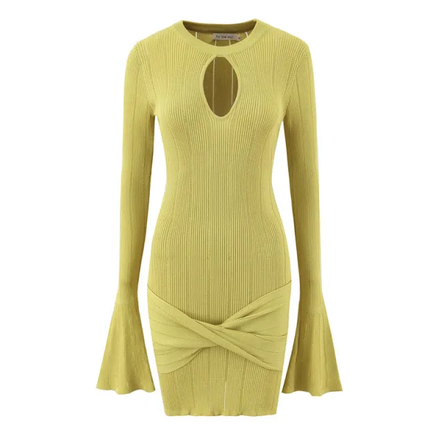 Female Solid Color Hollow Out Hip Bag Trumpet Sleeve Knitted Dress Green - Shop at LoveMi