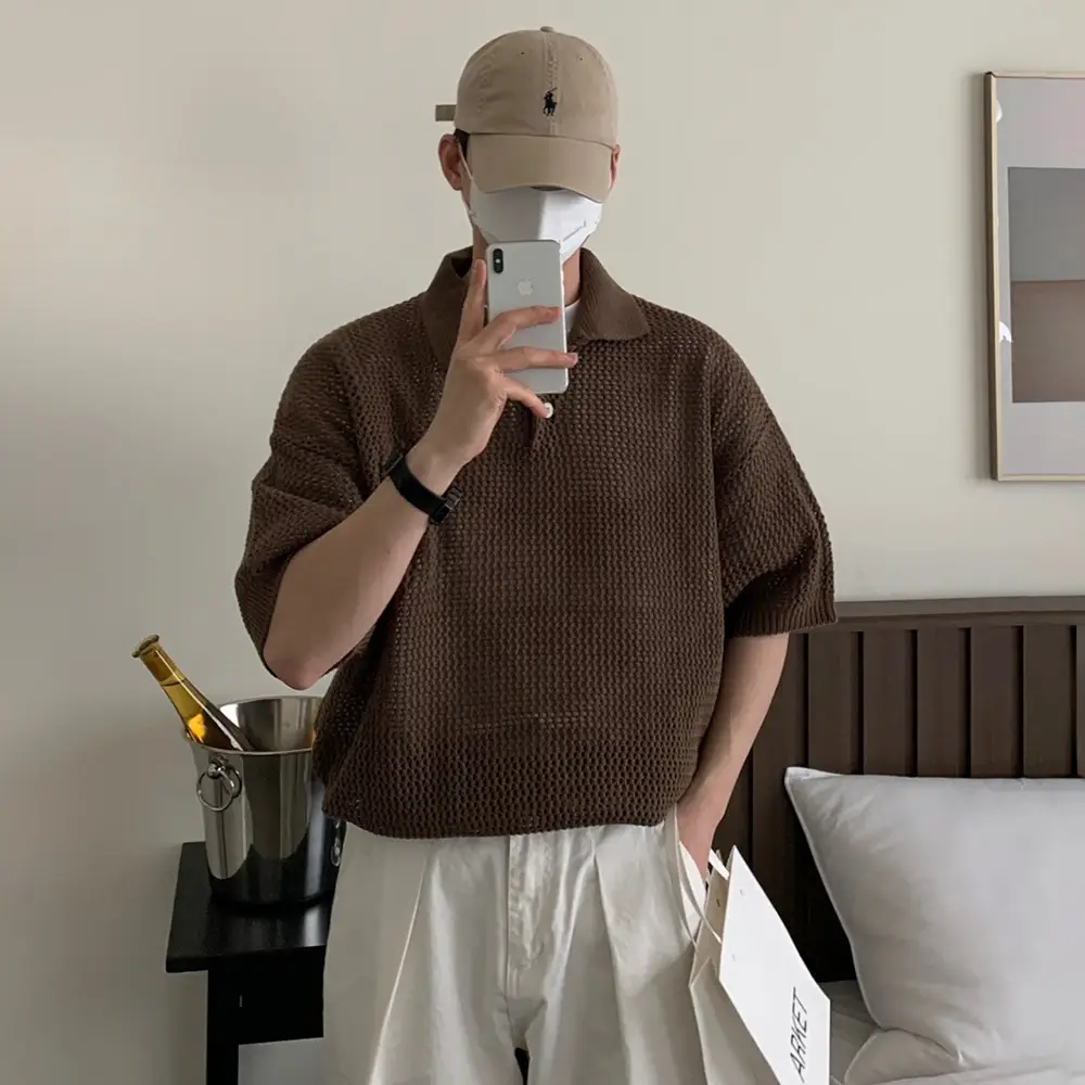 Men's Summer Loose-Fit Lapel Short-Sleeve Hollow-Out Half-Sleeve