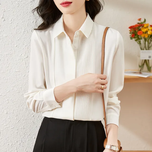 Women's Solid Color Organ Pleated Chiffon Shirt White - Shop at LoveMi