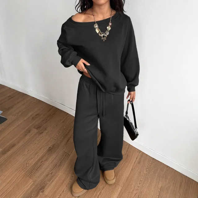 Womens Fashion Casual Sweatshirt And Wide Leg Pants Set Black - Shop at LoveMi