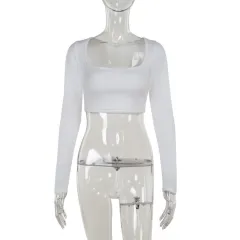 Fashion Style Temperament Leisure Pure Color All-matching Short Square Collar Long Sleeve - White - View 1