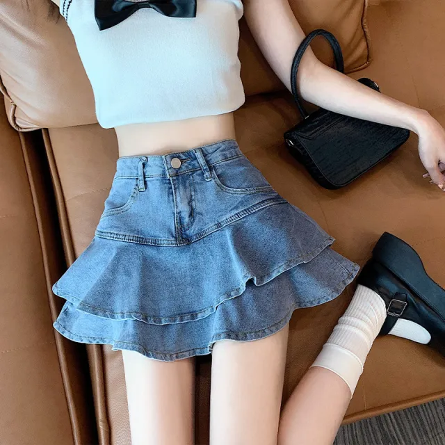 High Waist A Line Fishtail Puffy Ruffled Denim Skirt Women Blue - Shop at LoveMi