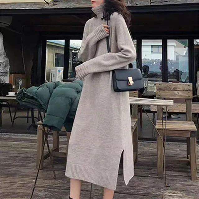 Long Below The Knee Base Ride Turtleneck Knitting Dress Women Oats - Shop at LoveMi