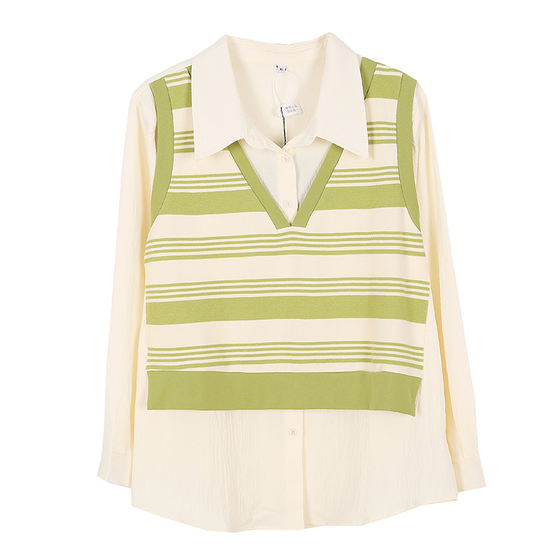 Yinuo Large Size Women's Long-sleeved Shirt Autumn New Striped Fake Two Pieces Loose Casual Top