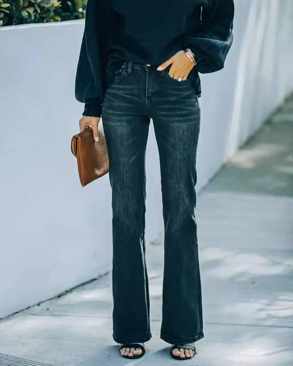 New Cross-border Independent Station European And American Foreign Trade Fashion High Waist Stretch Flared Jeans Women's Trousers Black - Black