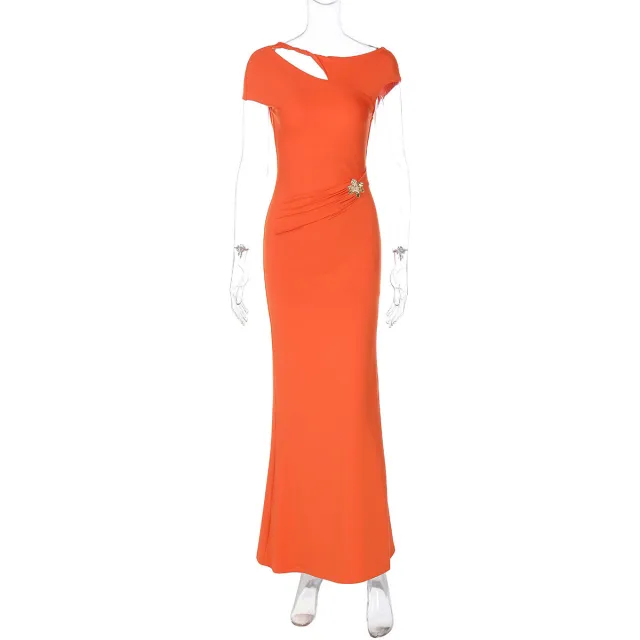 Backless Waist Trimming Solid Color Short Sleeve Dress Orange - Shop at LoveMi