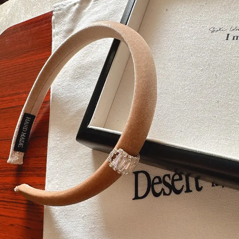 High-end Sophisticated Velvet Narrow Headband With Rhinestones And Sponge Padding