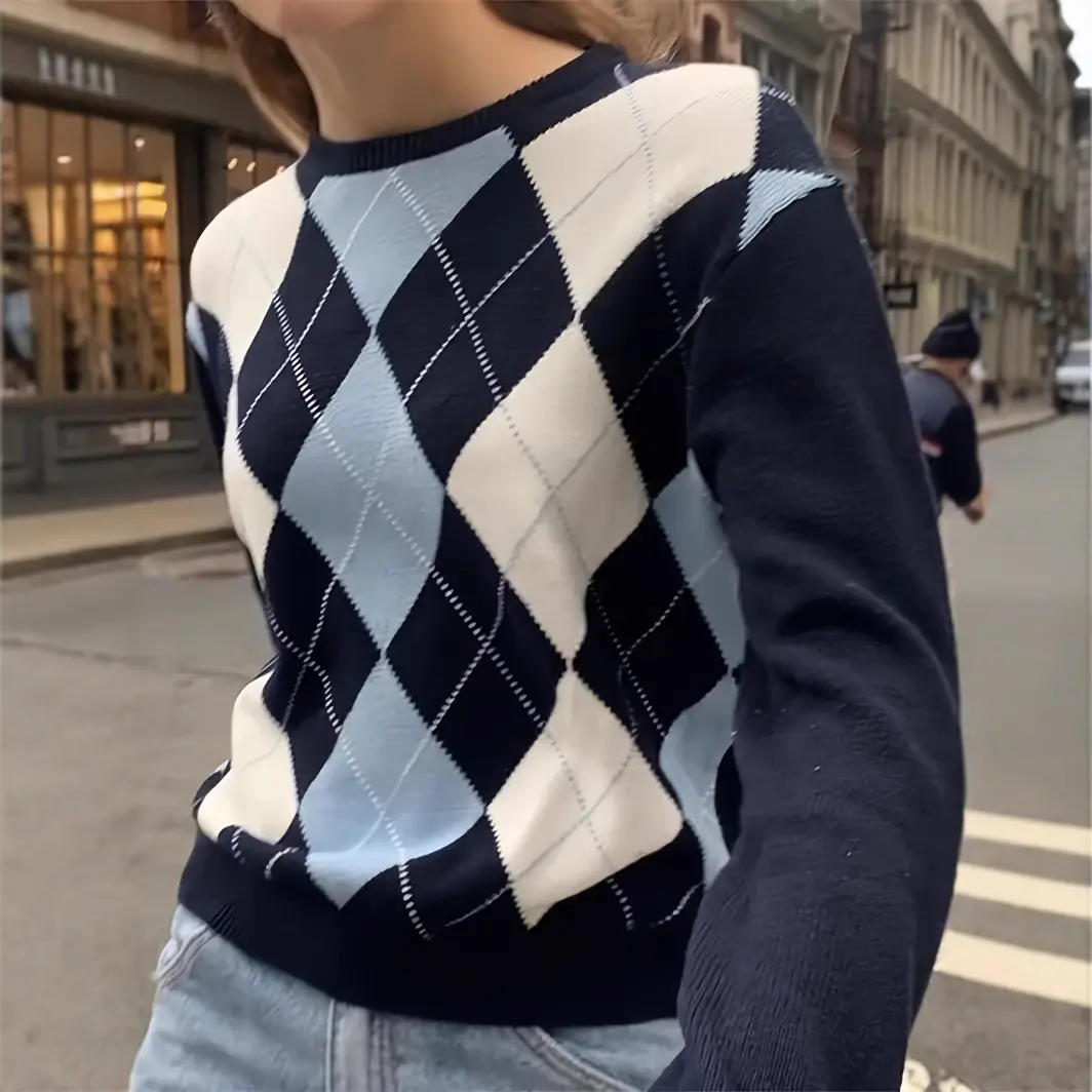 Knitted Crew-neck Long-sleeve Thickened Jacquard Diamond-pattern Sweater