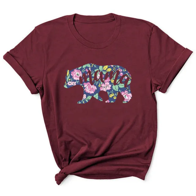 Mama Pattern Printed Short Sleeve Round Neck T shirt Casual Fashion Wine Red - Shop at LoveMi