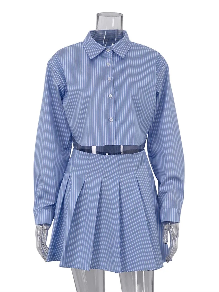 Elegant Blue Striped Women's Two-piece Set Fashion Long Sleeve - Image 6