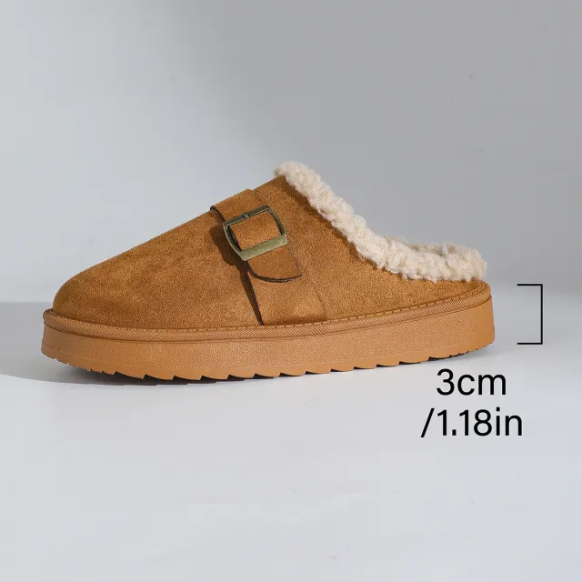 Thick Bottom Belt Buckle Fleece lined Closed Toe Female Cotton Slippers Camel - Shop at LoveMi