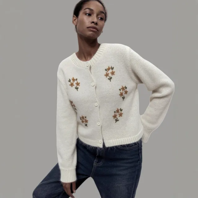 Korean Style Round Neck Embroidered Knitted Cardigan Sweater Coat Beige - Shop at LoveMi