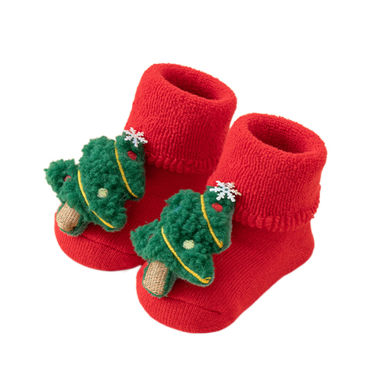 Babys Cozy Fleece-lined Thickened Pure-cotton Red Floor Socks For Fall And Winter