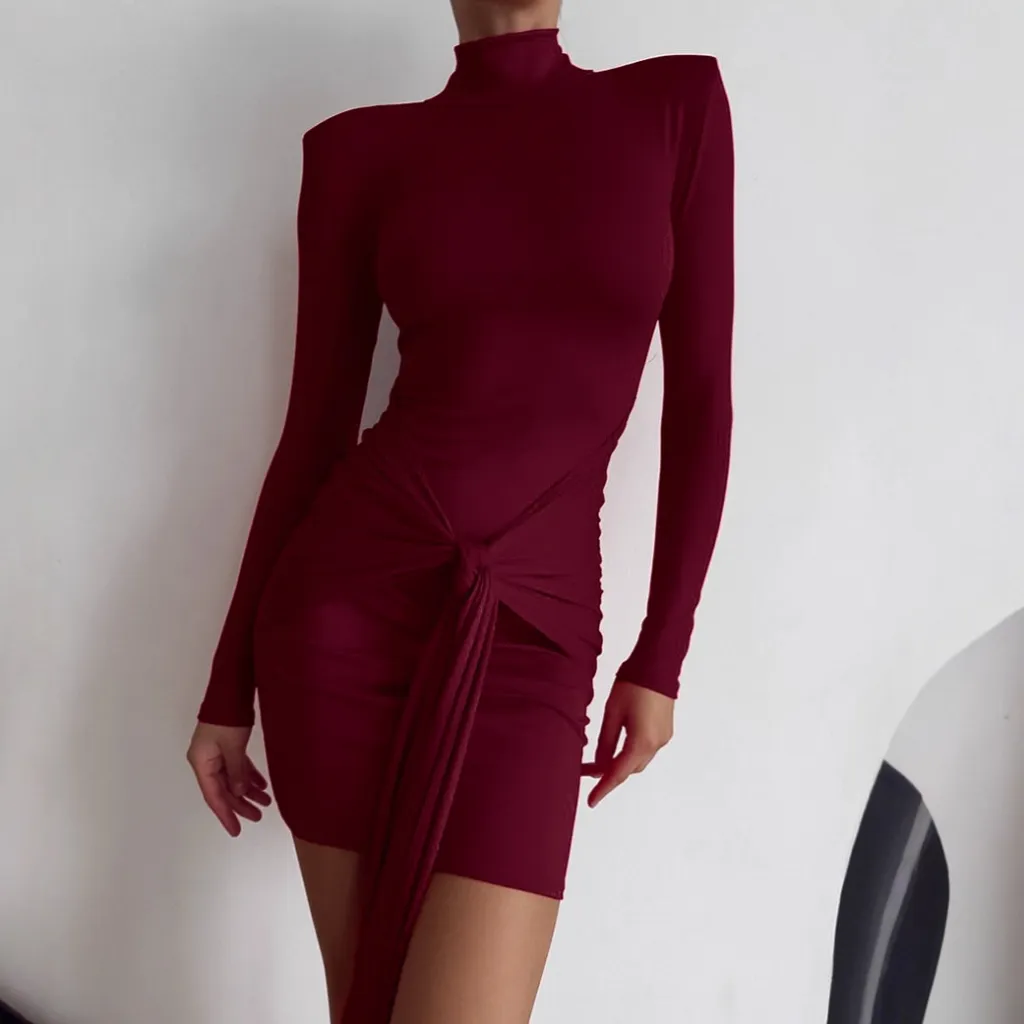 Spicy Girl Style High Neck Long Sleeve Hugging Waist Cinching Tie Front Hip Hugging Mini Dress - Red