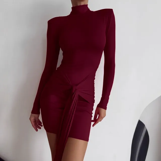 Spicy Girl Style High Neck Long Sleeve Hugging Waist Cinching Tie Front Hip Hugging Mini Dress Red - Shop at LoveMi