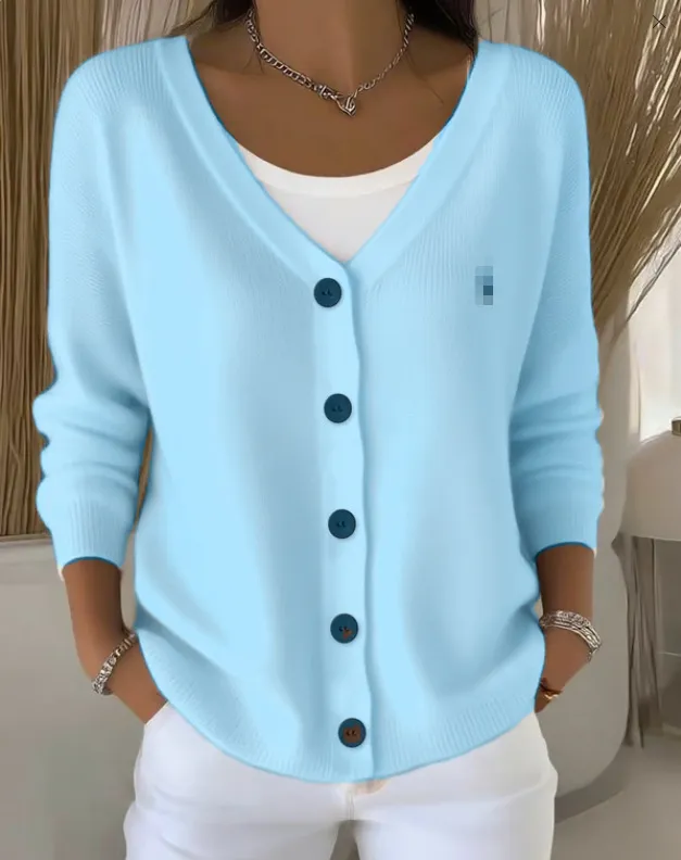 Women's Clothes Solid Color Knitted Button Cardigan Sweater Blue - Shop at LoveMi