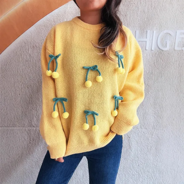 Round Neck Stitching Three dimensional Cherry Sweater Yellow - Shop at LoveMi