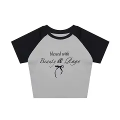 Sexy Navel T-shirt Letter Print Casual All-matching Tops - Black And Gray - View 1
