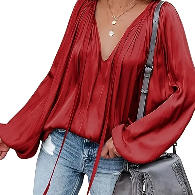 Women's Satin V neck Long Sleeve Shirt Casual Red - Shop at LoveMi