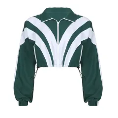 Women's Spliced Colour Blocked Zipper Long Sleeved Jacket Long Pants Set - Green Top - View 1