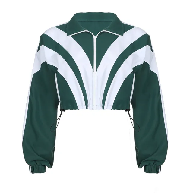 Women's Spliced Color Blocked Zipper Long Sleeved Jacket Long Pants Set Green Top - Shop at LoveMi