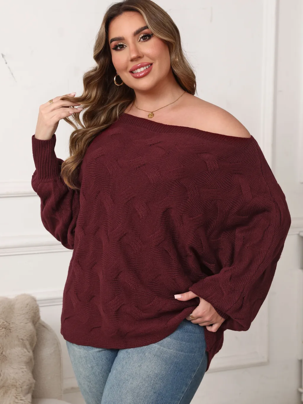 Plus Size Women's Sexy Off-shoulder Batwing Sleeve Loose Pullover - Wine Red