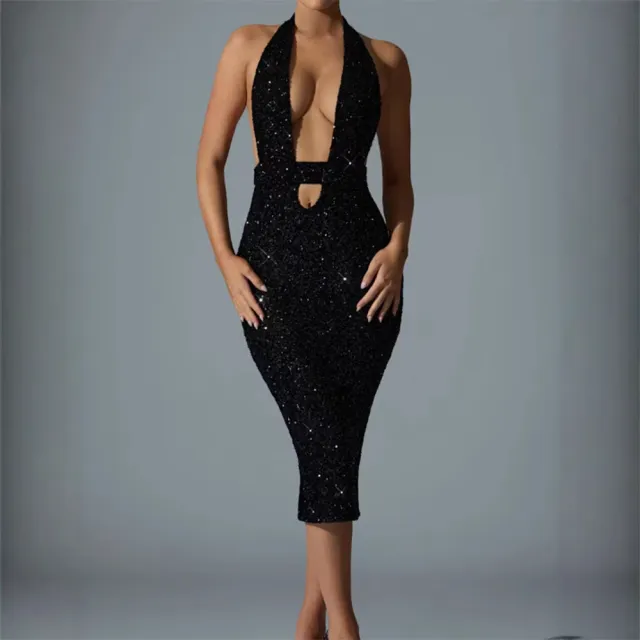 Deep V Halter Sequin Bodycon Hollow Out Dress Black - Shop at LoveMi
