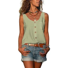 Summer Women's Solid Colour And V-neck Button Vest Shirt - Light Green - View 1