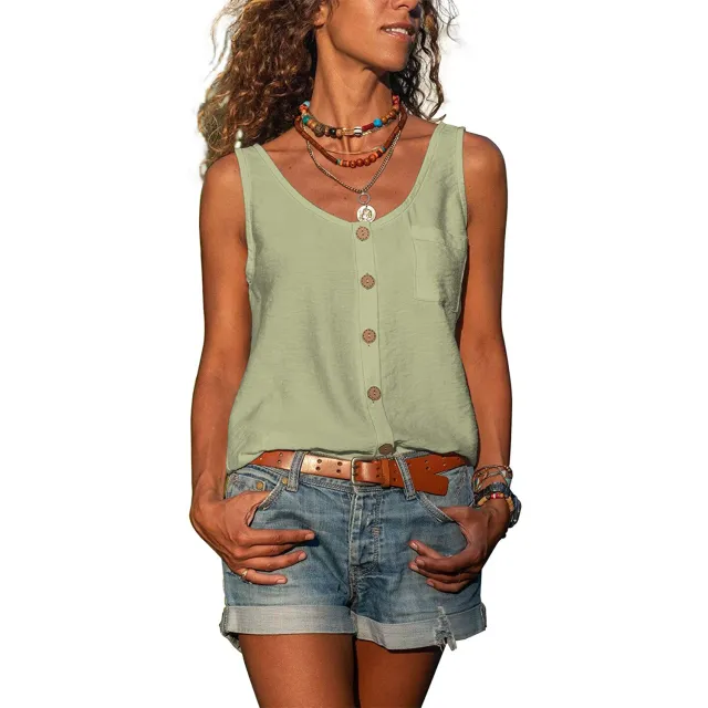 Summer Women's Solid Color And V neck Button Vest Shirt Light Green - Shop at LoveMi
