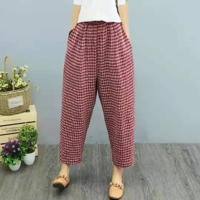 Cotton And Linen High Waist Harem Ankle length Baggy Pants Artistic Plaid Loose Baggy Pants Women Red - Shop at LoveMi